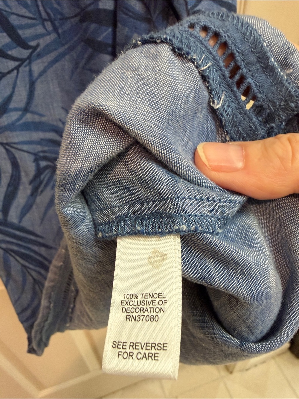 “Cato” Blue Denim-Look Leaf Print Mock Neck Top - Picture 7 of 8